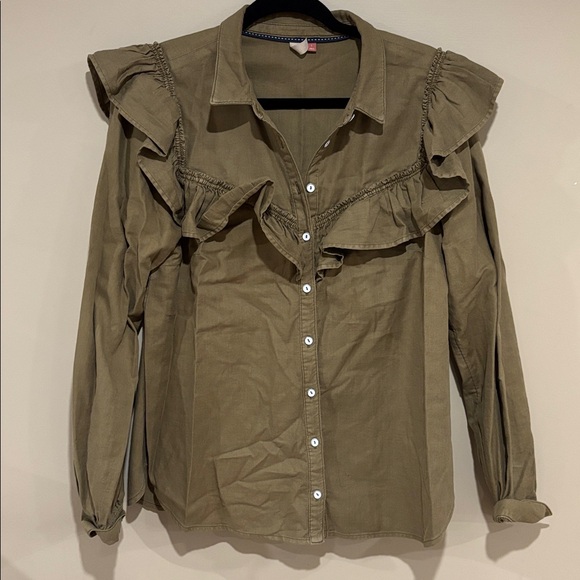 Anthropologie olive denim ruffle button down - Picture 3 of 5